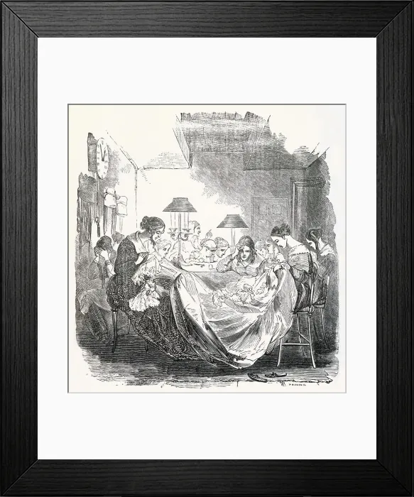 Framed Print : A group of female dressmakers working together on an elaborate evening gown. Date: 1853 Framed Print : A group of female dressmakers working together on an elaborate evening gown. Date: 1853