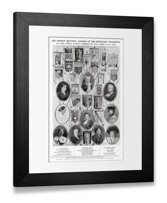 Framed Print : Some of the prominent figures in a NUWSS London procession. Also shown are some of the 70 banners carried commemorating great women through the ages. Date: 13 June 1908 Framed Print : Some of the prominent figures in a NUWSS London procession. Also shown are some of the 70 banners carried commemorating great women through the ages. Date: 13 June 1908