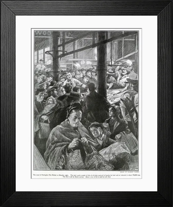 Framed Print : Farringdon Fish Market on Saturday night, Londoners buying unsold fish at auction at very low prices. Date: 1903 Framed Print : Farringdon Fish Market on Saturday night, Londoners buying unsold fish at auction at very low prices. Date: 1903