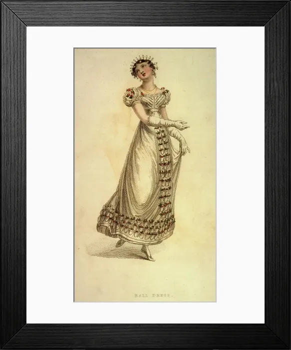 Framed Print : A delightful, white gown with short, full sleeves. The decoration consists of red roses on the sleeves, hemline & in a panel down the front of the skirt. Note the hair comb. Date: 1823 Framed Print : A delightful, white gown with short, full sleeves. The decoration consists of red roses on the sleeves, hemline & in a panel down the front of the skirt. Note the hair comb. Date: 1823
