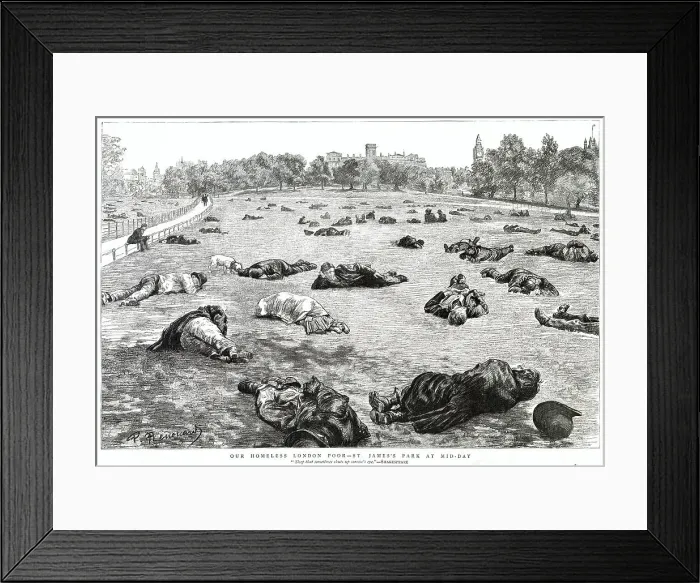Framed Print : A large number of vagrants asleep in St. James's Park Date: 1887 Framed Print : A large number of vagrants asleep in St. James's Park Date: 1887
