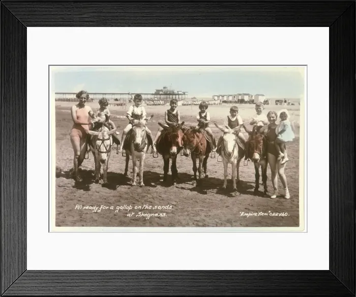 Framed Print : Skegness, Lincolnshire: six children on donkeys, ready for a gallop on the sands Date: 1937 Framed Print : Skegness, Lincolnshire: six children on donkeys, ready for a gallop on the sands Date: 1937