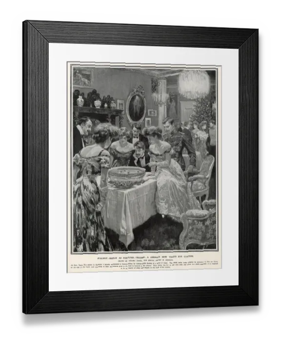 Framed Print : A German custom where walnut shells are floated in a bowl of water, either the walnut comes together or drawn to the side, according to their movements it brings good luck or ill-luck. Date: 1908 Framed Print : A German custom where walnut shells are floated in a bowl of water, either the walnut comes together or drawn to the side, according to their movements it brings good luck or ill-luck. Date: 1908