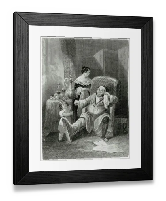 Framed Print : A touch of gout - an elderly gentleman mops his brow whilst his wife and young daughter attend to him Date: Nineteenth century Framed Print : A touch of gout - an elderly gentleman mops his brow whilst his wife and young daughter attend to him Date: Nineteenth century