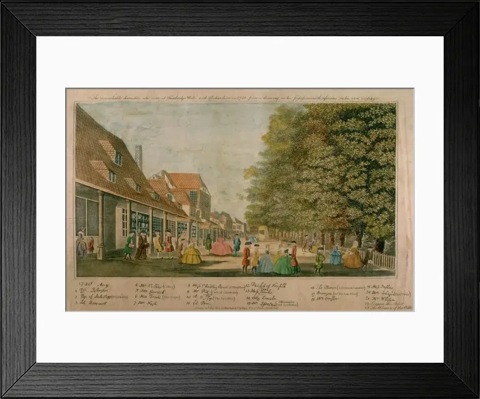 Framed Print : Tunbridge Wells, Kent: eminent visitors to the Pantiles, including Dr Johnson and David Garrick Date: 1748 Framed Print : Tunbridge Wells, Kent: eminent visitors to the Pantiles, including Dr Johnson and David Garrick Date: 1748