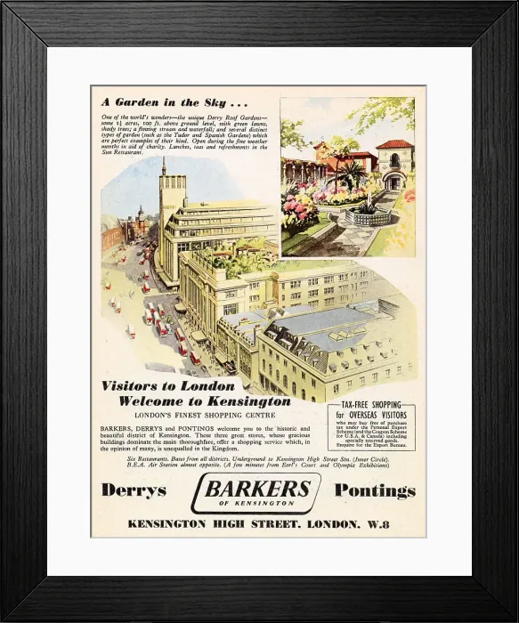 Framed Print : An advertisement for Barkers, Derrys & Pontings department store in Kensington, a garden in the sky'. Date: 1951 Framed Print : An advertisement for Barkers, Derrys & Pontings department store in Kensington, a garden in the sky'. Date: 1951