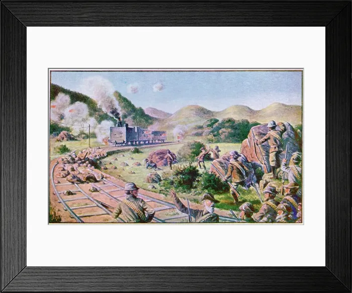 Framed Print : Boer guerillas ambush a British armoured train, halting it with rocks on the track Date: 1900 Framed Print : Boer guerillas ambush a British armoured train, halting it with rocks on the track Date: 1900
