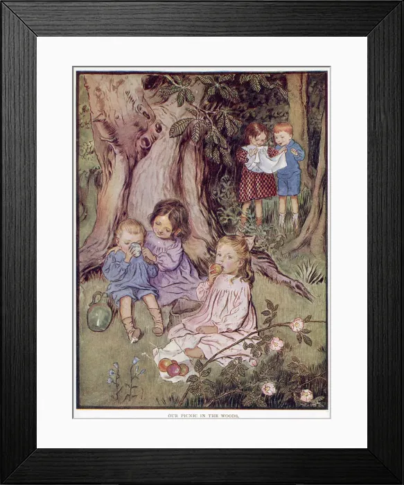 Framed Print : Five children picnic in a wood Date: 1910 Framed Print : Five children picnic in a wood Date: 1910