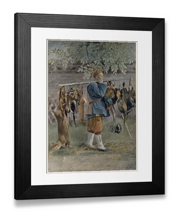 Framed Print : A game vendor in China carries a variety of meat for sale on a long pole Date: circa 1890 Framed Print : A game vendor in China carries a variety of meat for sale on a long pole Date: circa 1890