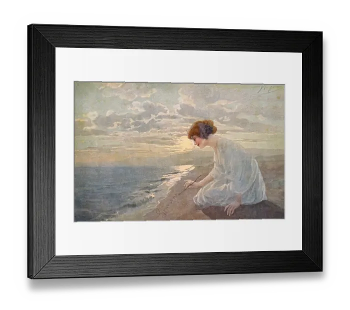 Framed Print : She writes Sempre (always) in the sand - but the next tide will wash her thought away Date: circa 1900 Framed Print : She writes Sempre (always) in the sand - but the next tide will wash her thought away Date: circa 1900