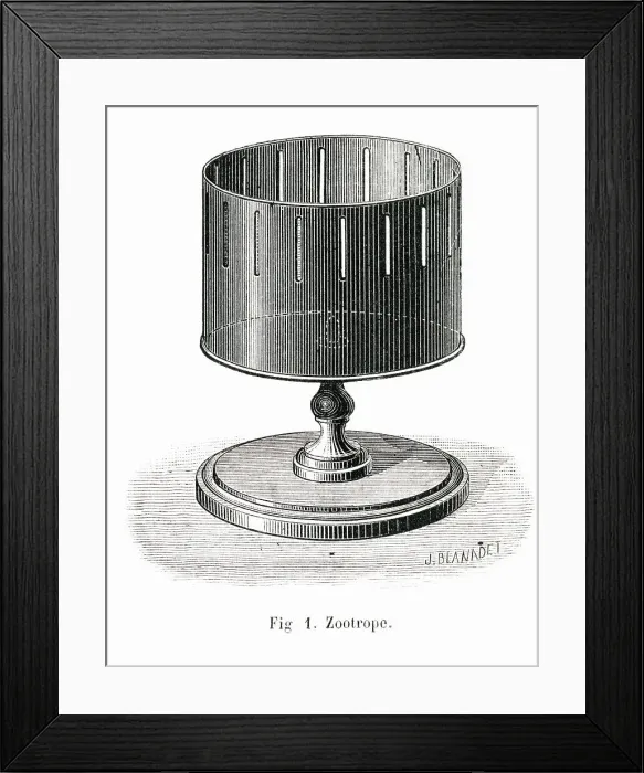 Framed Print : A rotating zootrope : the image seen through the slits as the drum spins give the illusion of movement. Date: 1881 Framed Print : A rotating zootrope : the image seen through the slits as the drum spins give the illusion of movement. Date: 1881