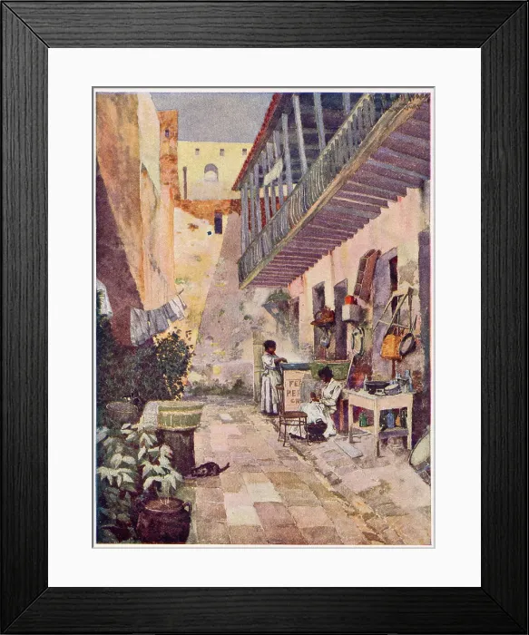 Framed Print : Puerto Rico: a domestic courtyard with washing hanging out to dry. Date: 1908 Framed Print : Puerto Rico: a domestic courtyard with washing hanging out to dry. Date: 1908