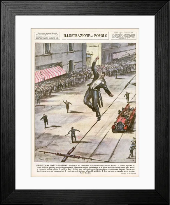 Framed Print : In Warsaw, a man tightrope walks along a tramway cable, is arrested and taken to a psychiatric hospital Date: 1937 Framed Print : In Warsaw, a man tightrope walks along a tramway cable, is arrested and taken to a psychiatric hospital Date: 1937