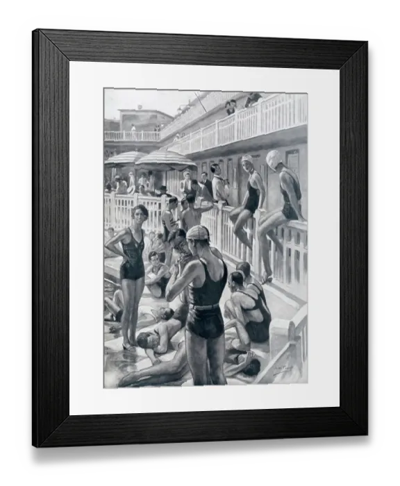 Framed Print : Fashionable young men and women enjoy the relaxed ambience of the swimming pool at Molitor, Paris. Date: 1932 Framed Print : Fashionable young men and women enjoy the relaxed ambience of the swimming pool at Molitor, Paris. Date: 1932