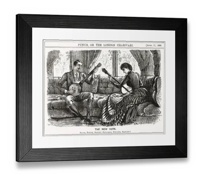 Framed Print : They sit in a window-seat each playing his / her banjo - the instrument is the fashionable pastime of the day. Date: 1886 Framed Print : They sit in a window-seat each playing his / her banjo - the instrument is the fashionable pastime of the day. Date: 1886