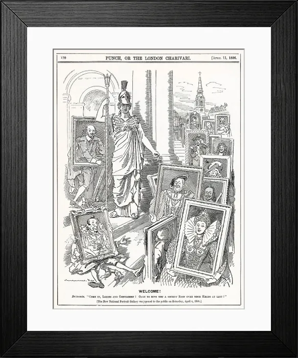 Framed Print : Cartoon, Welcome! Britannia: Come in, ladies and gentlemen! Glad to give you a decent roof over your heads at last!'. A comment on the opening of the National Portrait Gallery on Saturday 4 April 1896. Date: 1896 Framed Print : Cartoon, Welcome! Britannia: Come in, ladies and gentlemen! Glad to give you a decent roof over your heads at last!'. A comment on the opening of the National Portrait Gallery on Saturday 4 April 1896. Date: 1896
