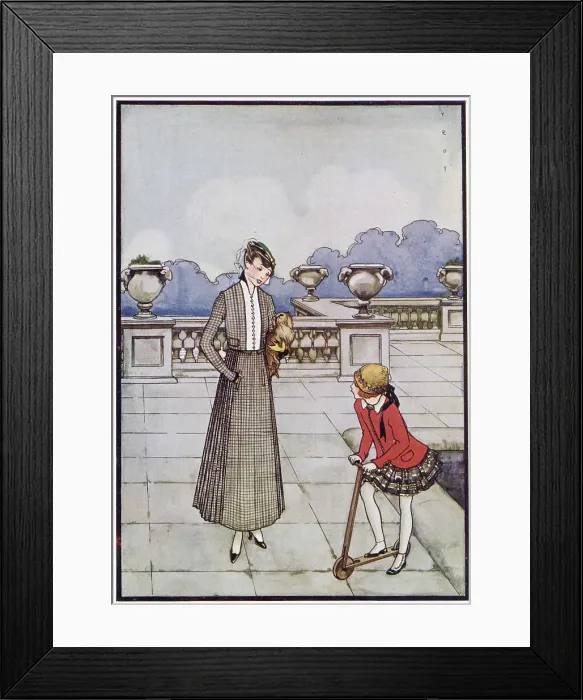 Framed Print : A girl on a scooter, wearing a tartan skirt, talks to a smart woman with a toy dog under her arm Date: 1915 Framed Print : A girl on a scooter, wearing a tartan skirt, talks to a smart woman with a toy dog under her arm Date: 1915