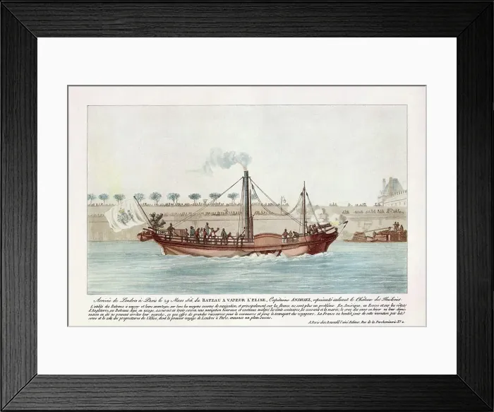 Framed Print : Capitaine Andriel fires his gun in salute as he passes the Palais des Tuileries, Paris, after sailing from London in his paddle steamer. Date: 29 March 1816 Framed Print : Capitaine Andriel fires his gun in salute as he passes the Palais des Tuileries, Paris, after sailing from London in his paddle steamer. Date: 29 March 1816