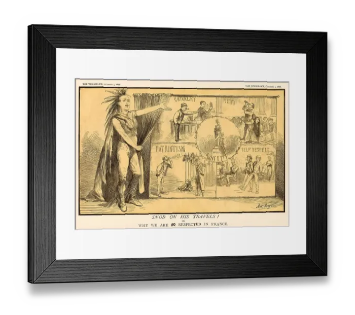 Framed Print : Cartoon -- why the English tourist is so respected by the French. Date: 1867 Framed Print : Cartoon -- why the English tourist is so respected by the French. Date: 1867