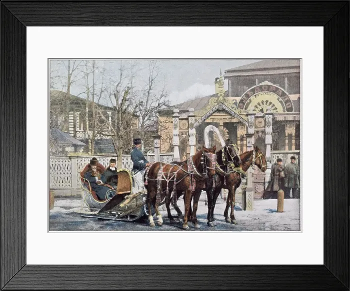 Framed Print : People sit in a winter troika in a snowy Moscow street. Date: 1890s Framed Print : People sit in a winter troika in a snowy Moscow street. Date: 1890s