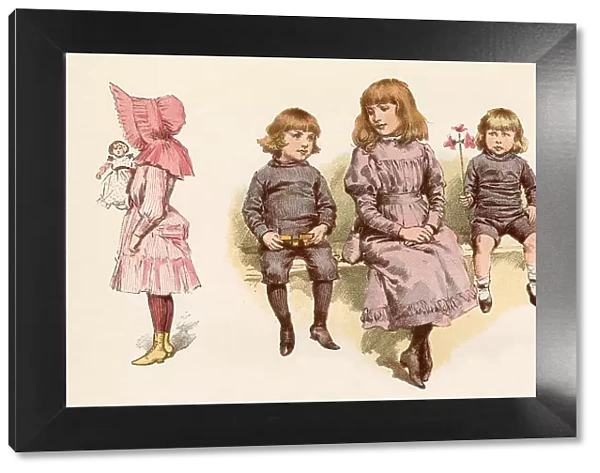 Children of London's West End. Boys: knitted jersey suits with knickerbockers. Girls: pink polonaise & sunbonnet; lilac dress with yoke, sash, gathered bodice & gigot sleeves Date: 1884