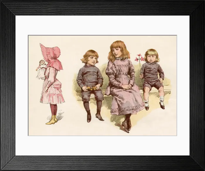 Framed Print : Children of London's West End. Boys: knitted jersey suits with knickerbockers. Girls: pink polonaise & sunbonnet; lilac dress with yoke, sash, gathered bodice & gigot sleeves Date: 1884 Framed Print : Children of London's West End. Boys: knitted jersey suits with knickerbockers. Girls: pink polonaise & sunbonnet; lilac dress with yoke, sash, gathered bodice & gigot sleeves Date: 1884