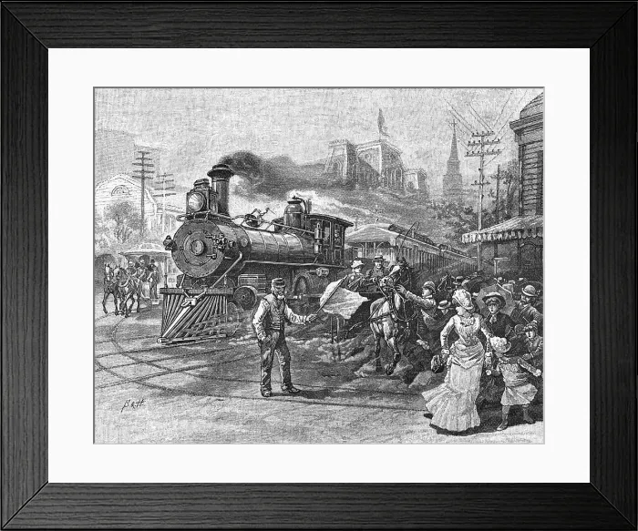 Framed Print : USA Train in Street 1885 Framed Print : USA Train in Street 1885