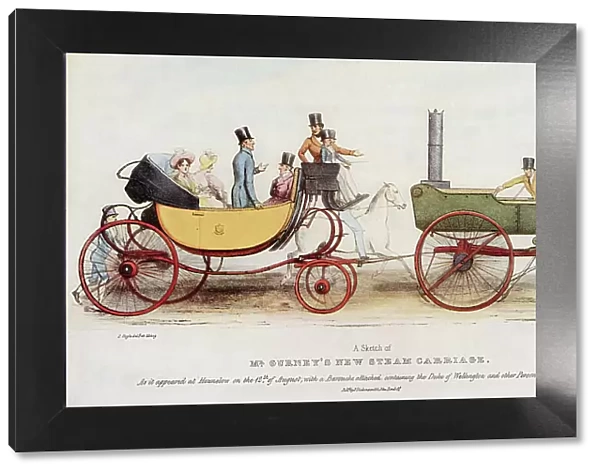Mr Goldsworthy Gurney's tractor, drawing a carriage as a kind of trailer, has the advantage that if it breaks down, horses can be harnessed to the back bit. Date: 1829