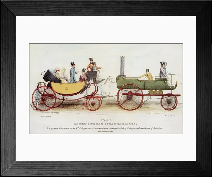 Framed Print : Mr Goldsworthy Gurney's tractor, drawing a carriage as a kind of trailer, has the advantage that if it breaks down, horses can be harnessed to the back bit. Date: 1829 Framed Print : Mr Goldsworthy Gurney's tractor, drawing a carriage as a kind of trailer, has the advantage that if it breaks down, horses can be harnessed to the back bit. Date: 1829