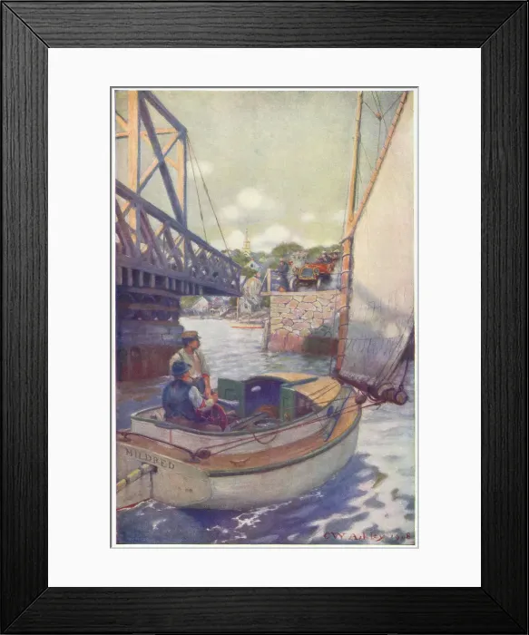 Framed Print : SWING BRIDGE, somewhere in America : a sailboat waits for it to swing open, a car waits for it to close again. Date: 1908 Framed Print : SWING BRIDGE, somewhere in America : a sailboat waits for it to swing open, a car waits for it to close again. Date: 1908