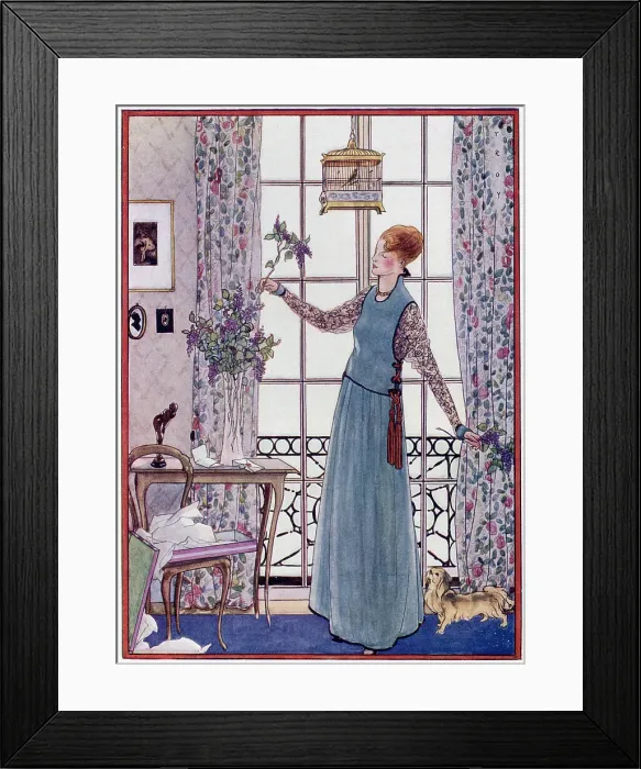 Framed Print : Pinafore dress with loose fitting bodice, low waist line, gathered skirt, Medici style collar & cord & tassel lacing at the sides worn over a light-weight blouse. Date: 1915 Framed Print : Pinafore dress with loose fitting bodice, low waist line, gathered skirt, Medici style collar & cord & tassel lacing at the sides worn over a light-weight blouse. Date: 1915