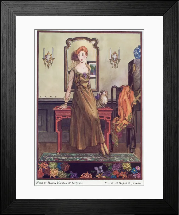 Framed Print : Marshall & Snelgrove gown: loose fitting, high waisted ankle length gown in a bronze fabric, round neckline, Medici style collar, translucent sleeves & reverse cuffs. Date: 1915 Framed Print : Marshall & Snelgrove gown: loose fitting, high waisted ankle length gown in a bronze fabric, round neckline, Medici style collar, translucent sleeves & reverse cuffs. Date: 1915