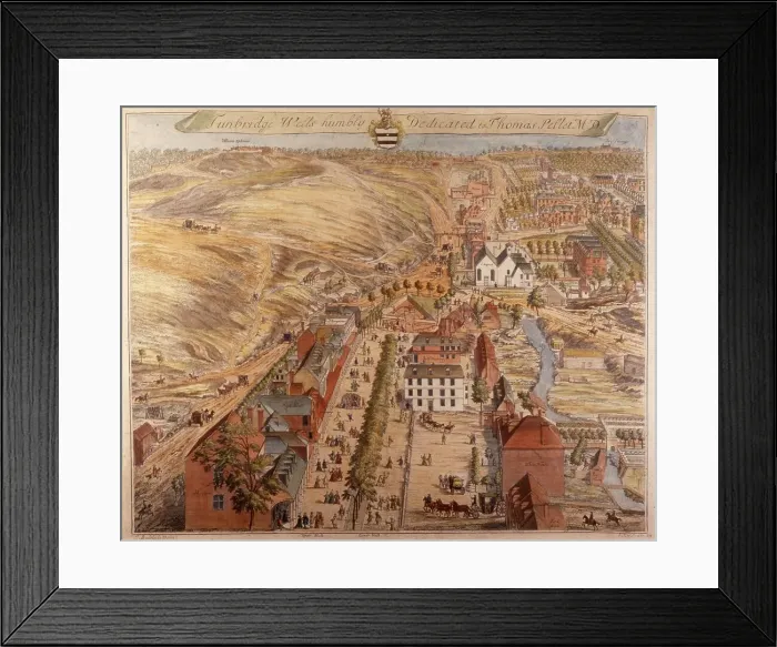 Framed Print : A bird's eye view of an English country town - Tunbridge Wells, Kent - the prominent white building is probably the town's chief coaching inn and hostelry. Date: 1719 Framed Print : A bird's eye view of an English country town - Tunbridge Wells, Kent - the prominent white building is probably the town's chief coaching inn and hostelry. Date: 1719