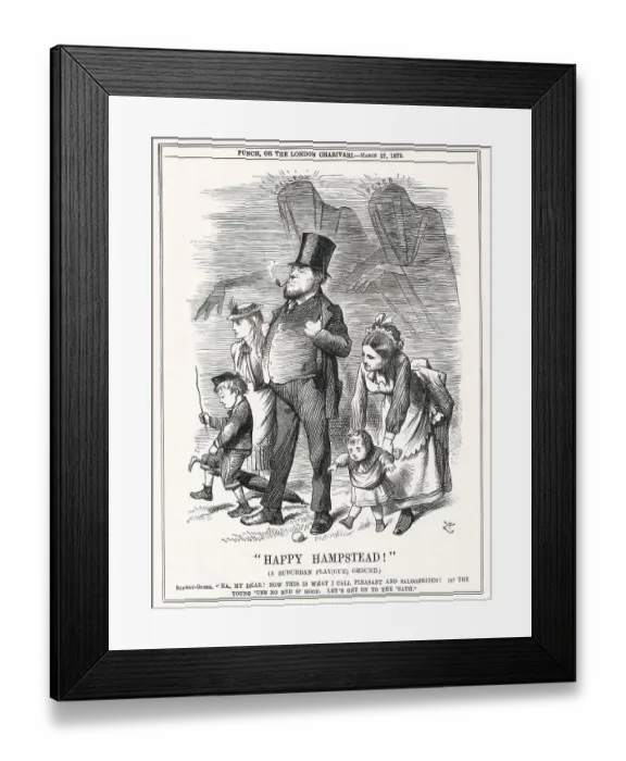 Framed Print : Hampstead, the plague-ground of Londoners where the shades of smallpox and fever threaten the innocent holidaymakers Date: 1875 Framed Print : Hampstead, the plague-ground of Londoners where the shades of smallpox and fever threaten the innocent holidaymakers Date: 1875