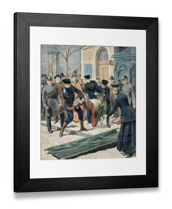 Framed Print : A drunken Berliner is removed from public view by a medical team. Date: 1907 Framed Print : A drunken Berliner is removed from public view by a medical team. Date: 1907