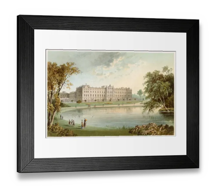 Framed Print : A view of Buckingham Palace across the lake in St James Park. Elegant woman and children stroll around the edge of the lake. Date: circa 1890 Framed Print : A view of Buckingham Palace across the lake in St James Park. Elegant woman and children stroll around the edge of the lake. Date: circa 1890