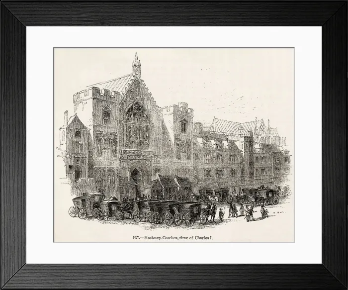 Framed Print : Hackney coaches and their drivers wait for fares in Westminster at the time of Charles I Date: 17th century Framed Print : Hackney coaches and their drivers wait for fares in Westminster at the time of Charles I Date: 17th century