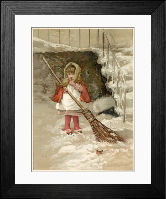 Framed Print : A small girl sets about sweeping the yard with a very big broom, but is distracted when a robin arrives to keep her company. Date: circa 1886 Framed Print : A small girl sets about sweeping the yard with a very big broom, but is distracted when a robin arrives to keep her company. Date: circa 1886