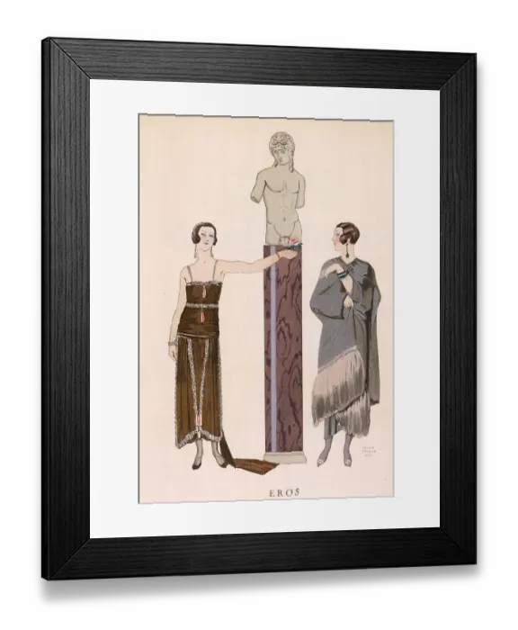 Framed Print : Worth designs: Grey mantle with a heavy border of fur; dress with a train, narrow straps, uneven hemline & tassels or pendant motifs on the bodice & skirt. Date: 1924 Framed Print : Worth designs: Grey mantle with a heavy border of fur; dress with a train, narrow straps, uneven hemline & tassels or pendant motifs on the bodice & skirt. Date: 1924
