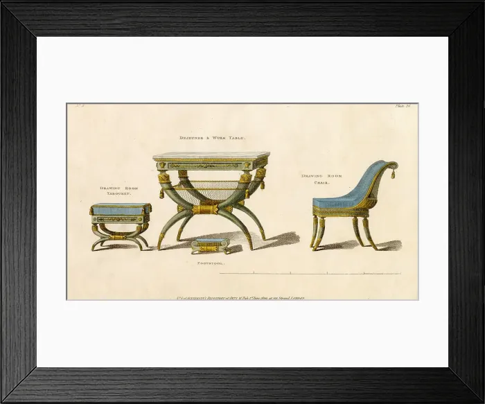 Framed Print : A tabouret ; a dejeuner or work table ; a footstool ; and a drawing-room chair - in a classical / exotic style which reflects Napoleon's Egyptian expedition. Date: 1809 Framed Print : A tabouret ; a dejeuner or work table ; a footstool ; and a drawing-room chair - in a classical / exotic style which reflects Napoleon's Egyptian expedition. Date: 1809