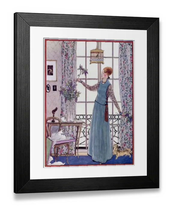 Framed Print : A lady in a pinafore dress artistically arranges lilac coloured blossom in a tall, narrow stemmed glass vase, watched on by her pekinese dog. Date: 1915 Framed Print : A lady in a pinafore dress artistically arranges lilac coloured blossom in a tall, narrow stemmed glass vase, watched on by her pekinese dog. Date: 1915