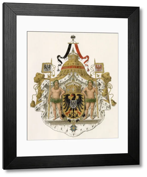Framed Print : Das grosse Kaiserwappen - the imperial German coat of arms, whereon two begirdled toughies contemplate the crown of Charlemagne. Date: circa 1890 Framed Print : Das grosse Kaiserwappen - the imperial German coat of arms, whereon two begirdled toughies contemplate the crown of Charlemagne. Date: circa 1890
