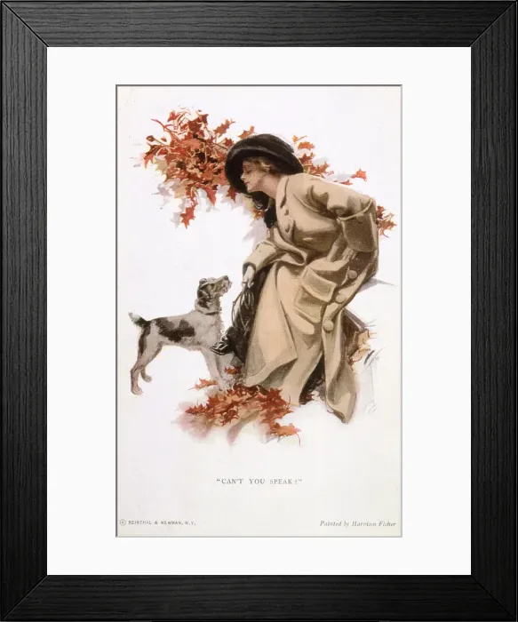 Framed Print : An American lady with her wire-haired terrier amidst the leaves of the fall. Date: 1919 Framed Print : An American lady with her wire-haired terrier amidst the leaves of the fall. Date: 1919