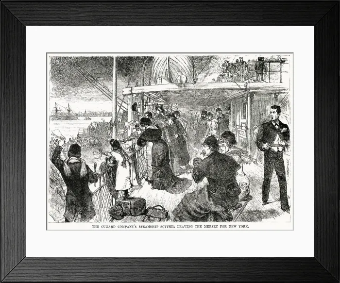 Framed Print : Passengers on the Scythia take their last look at Liverpool as the liner moves off down the Mersey en route for New York. Date: 1882 Framed Print : Passengers on the Scythia take their last look at Liverpool as the liner moves off down the Mersey en route for New York. Date: 1882