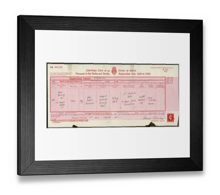 Framed Print : BIRTH CERTIFICATE 1914 Framed Print : BIRTH CERTIFICATE 1914
