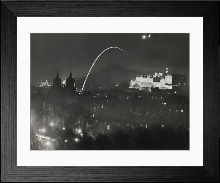 Framed Print : Edinburgh Castle floodlit during the Tattoo, when signalling maroons and rocket were fired. The twin towers of Stewart's College and dome of the Bank of Scotland on left. Date: 1960s Framed Print : Edinburgh Castle floodlit during the Tattoo, when signalling maroons and rocket were fired. The twin towers of Stewart's College and dome of the Bank of Scotland on left. Date: 1960s