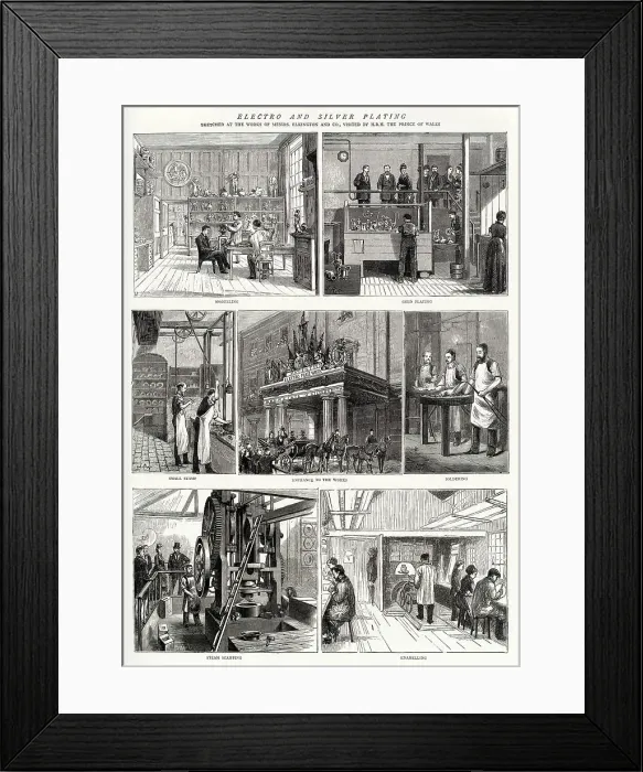 Framed Print : Royal visit by Prince and Princess of Wales (later King Edward VII and Queen Alexandra) to Elkington factory in Birmingham, where electro and silver plating where made. Date: 1874 Framed Print : Royal visit by Prince and Princess of Wales (later King Edward VII and Queen Alexandra) to Elkington factory in Birmingham, where electro and silver plating where made. Date: 1874