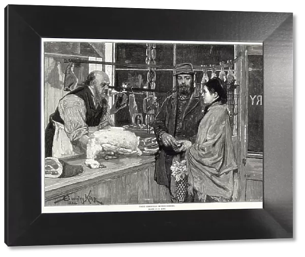 Couple in a butchers buying a goose for their Christmas dinner. Date: 1882
