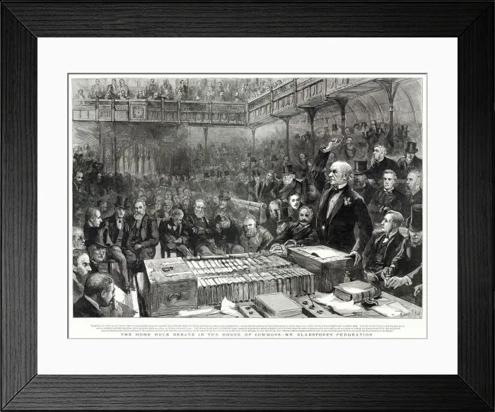 Framed Print : William Ewart Gladstone (1809 - 1898), English Liberal statesman, addressing the House of Commons during a debate on Irish Home Rule. Gladstone twice tried to introduce a Home Rule Bill for Ireland Framed Print : William Ewart Gladstone (1809 - 1898), English Liberal statesman, addressing the House of Commons during a debate on Irish Home Rule. Gladstone twice tried to introduce a Home Rule Bill for Ireland