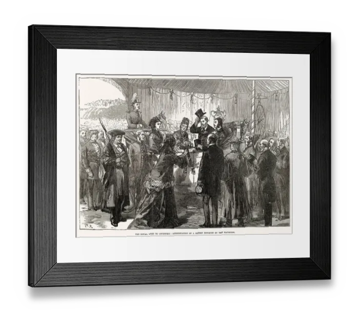 Framed Print : Royal visit by Prince and Princess of Wales (later King Edward VII and Queen Alexandra) to Mr. Joseph Gillott, steel pens manufacture in West Midlands, Birmingham. Presentation of a ribbon bouquet by the Mayoress. Date: 1874